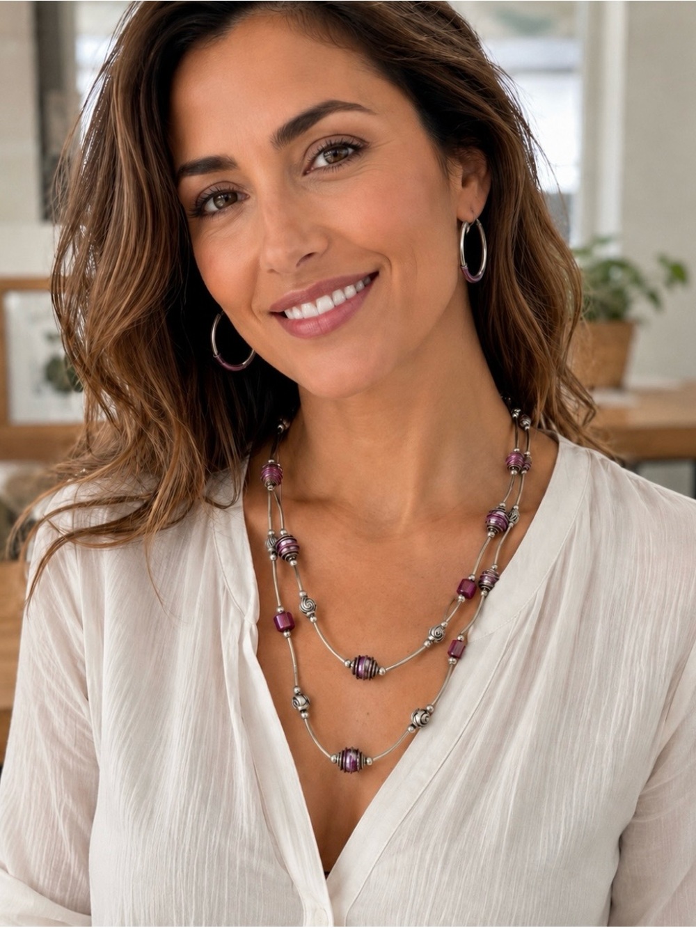 Purple and silver tone necklace set